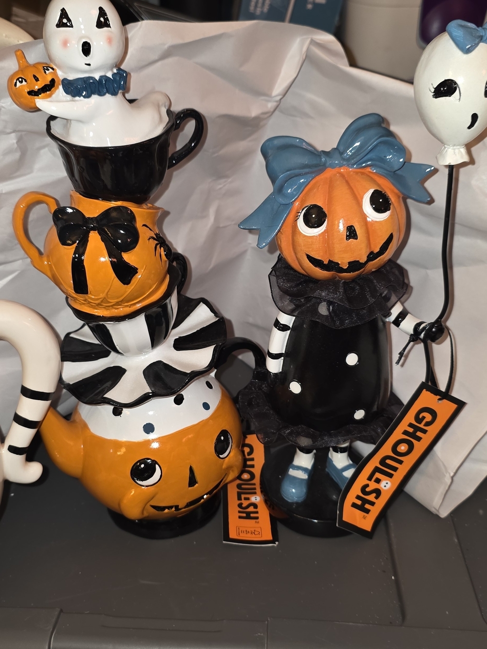 Whimsical Halloween Pumpkin Figurine Set - Orange, Black & Blue